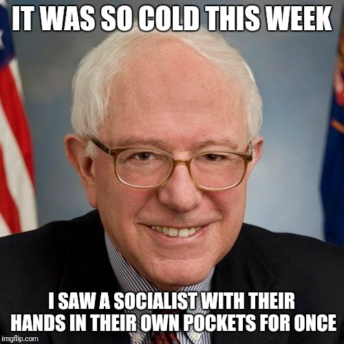 Bernie Sanders | IT WAS SO COLD THIS WEEK; I SAW A SOCIALIST WITH THEIR HANDS IN THEIR OWN POCKETS FOR ONCE | image tagged in bernie sanders | made w/ Imgflip meme maker