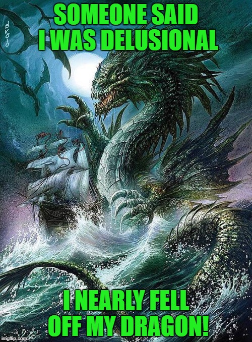 They said I was delusional | SOMEONE SAID I WAS DELUSIONAL; I NEARLY FELL OFF MY DRAGON! | image tagged in delusional,dragon | made w/ Imgflip meme maker