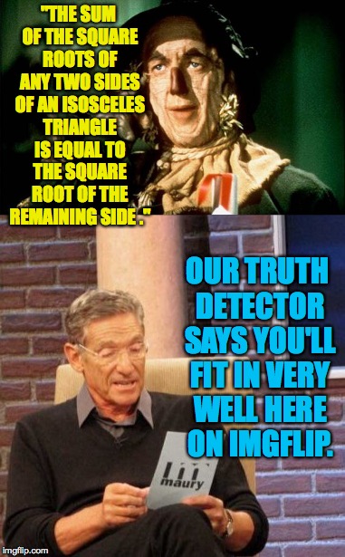 Just watched The Wizard of Oz, one of my two favorite movies.  I enjoyed it more before my wife trained me to look for flaws... | "THE SUM OF THE SQUARE ROOTS OF ANY TWO SIDES OF AN ISOSCELES TRIANGLE IS EQUAL TO THE SQUARE ROOT OF THE REMAINING SIDE ."; OUR TRUTH DETECTOR SAYS YOU'LL FIT IN VERY WELL HERE ON IMGFLIP. | image tagged in wizard of oz scarecrow,memes,maury lie detector,imgflip,experts | made w/ Imgflip meme maker