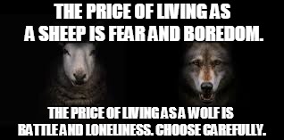 THE PRICE OF LIVING AS A SHEEP IS FEAR AND BOREDOM. THE PRICE OF LIVING AS A WOLF IS BATTLE AND LONELINESS. CHOOSE CAREFULLY. | image tagged in wolf,sheep,inspirational memes | made w/ Imgflip meme maker