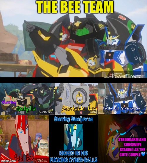The crew  | THE BEE TEAM; STRONGARM AND SIDESWIPE STARING AS THE CUTE COUPLE💙 | image tagged in my friends and i be like,transformers,nsfw | made w/ Imgflip meme maker