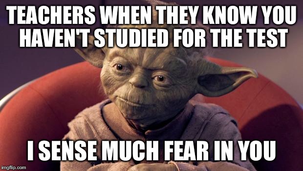 Yoda Wisdom | TEACHERS WHEN THEY KNOW YOU HAVEN'T STUDIED FOR THE TEST; I SENSE MUCH FEAR IN YOU | image tagged in yoda wisdom | made w/ Imgflip meme maker