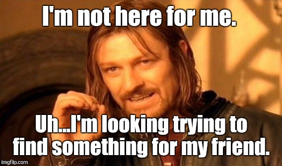 One Does Not Simply Meme | I'm not here for me. Uh...I'm looking trying to find something for my friend. | image tagged in memes,one does not simply | made w/ Imgflip meme maker