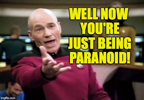 Picard Wtf Meme | WELL NOW YOU'RE JUST BEING PARANOID! | image tagged in memes,picard wtf | made w/ Imgflip meme maker