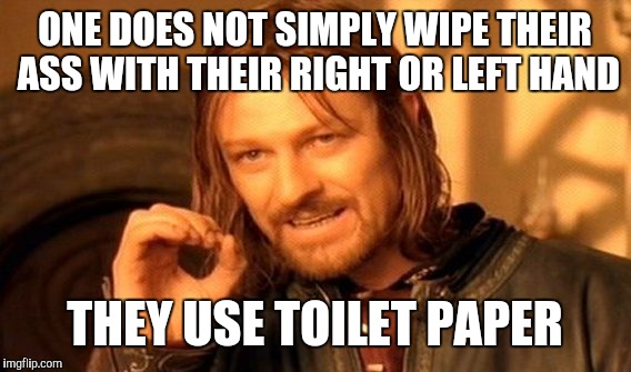 One Does Not Simply Meme | ONE DOES NOT SIMPLY WIPE THEIR ASS WITH THEIR RIGHT OR LEFT HAND; THEY USE TOILET PAPER | image tagged in memes,one does not simply | made w/ Imgflip meme maker