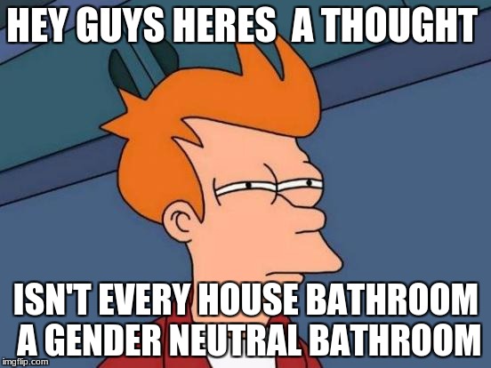 Futurama Fry | HEY GUYS HERES  A THOUGHT; ISN'T EVERY HOUSE BATHROOM A GENDER NEUTRAL BATHROOM | image tagged in memes,futurama fry | made w/ Imgflip meme maker