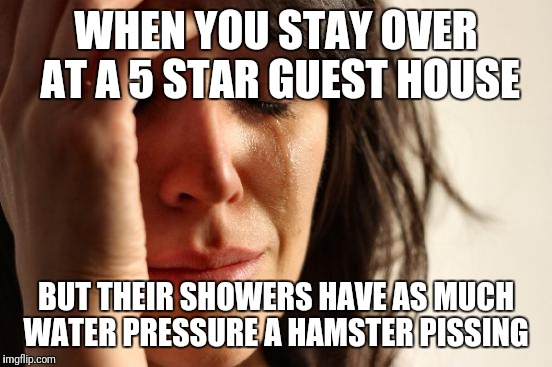 First World Problems Meme | WHEN YOU STAY OVER AT A 5 STAR GUEST HOUSE; BUT THEIR SHOWERS HAVE AS MUCH WATER PRESSURE A HAMSTER PISSING | image tagged in memes,first world problems | made w/ Imgflip meme maker