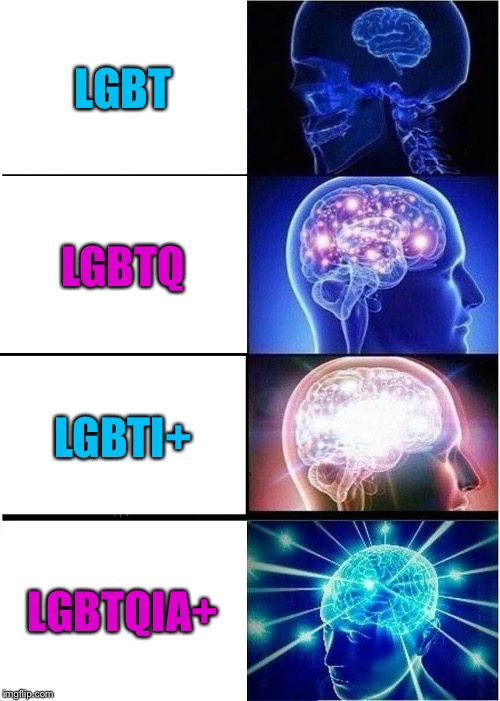 It’s been widely debated how far the sexual minority spectrum must be to cover everyone... | LGBT; LGBTQ; LGBTI+; LGBTQIA+ | image tagged in expanding brain,lgbt,lgbtq,civil rights,human rights,love is love | made w/ Imgflip meme maker