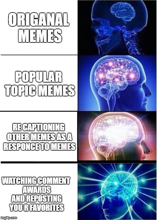 How I get memes | ORIGANAL MEMES; POPULAR TOPIC MEMES; RE CAPTIONING OTHER MEMES AS A RESPONCE TO MEMES; WATCHING COMMENT AWARDS AND REPOSTING YOU R FAVORITES | image tagged in memes,expanding brain | made w/ Imgflip meme maker