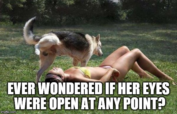 Dog Pees on Girl | EVER WONDERED IF HER EYES WERE OPEN AT ANY POINT? | image tagged in dog pees on girl | made w/ Imgflip meme maker