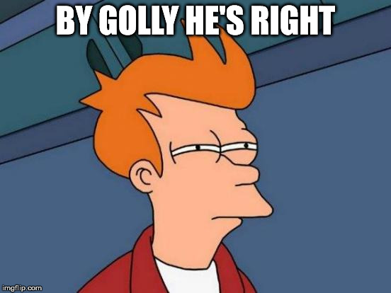 Futurama Fry Meme | BY GOLLY HE'S RIGHT | image tagged in memes,futurama fry | made w/ Imgflip meme maker