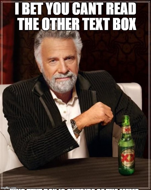 The Most Interesting Man In The World Meme | I BET YOU CANT READ THE OTHER TEXT BOX; THIS TEXT BOX IS OUTSIDE OF THE MEME | image tagged in memes,the most interesting man in the world | made w/ Imgflip meme maker