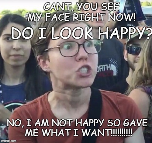 Triggered feminist | CANT, YOU SEE MY FACE RIGHT NOW! DO I LOOK HAPPY?! NO, I AM NOT HAPPY SO GAVE ME WHAT I WANT!!!!!!!!!! | image tagged in triggered feminist | made w/ Imgflip meme maker