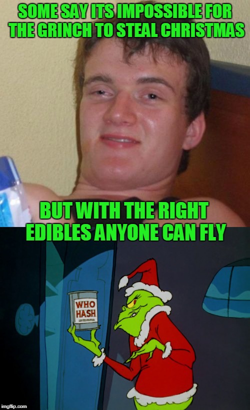 10 guy logic | SOME SAY ITS IMPOSSIBLE FOR THE GRINCH TO STEAL CHRISTMAS; BUT WITH THE RIGHT EDIBLES ANYONE CAN FLY | image tagged in 10 guy,the grinch,christmas,happy new years | made w/ Imgflip meme maker