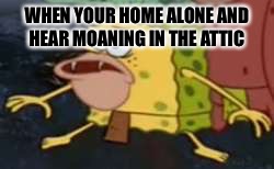 Spongegar | WHEN YOUR HOME ALONE AND HEAR MOANING IN THE ATTIC | image tagged in memes,spongegar | made w/ Imgflip meme maker