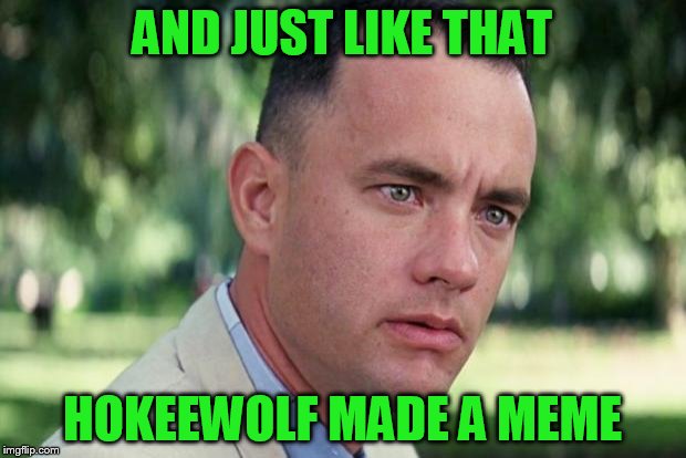 And Just Like That Meme | AND JUST LIKE THAT; HOKEEWOLF MADE A MEME | image tagged in forrest gump | made w/ Imgflip meme maker