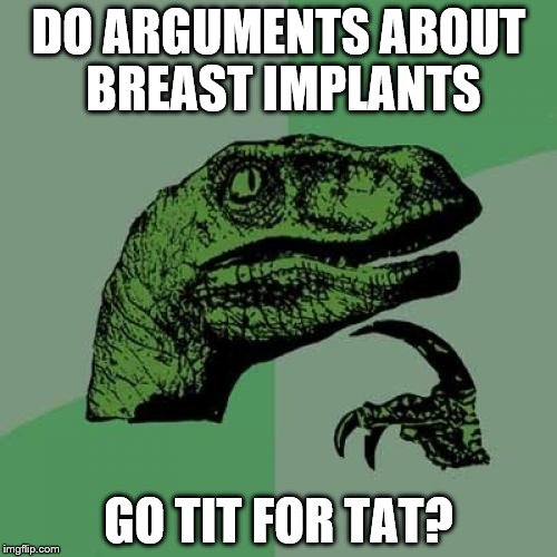 Philosoraptor Meme | DO ARGUMENTS ABOUT BREAST IMPLANTS; GO TIT FOR TAT? | image tagged in memes,philosoraptor | made w/ Imgflip meme maker