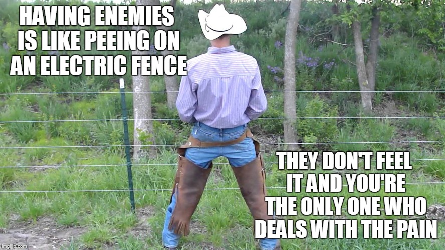 HAVING ENEMIES IS LIKE PEEING ON AN ELECTRIC FENCE THEY DON'T FEEL IT AND YOU'RE THE ONLY ONE WHO DEALS WITH THE PAIN | made w/ Imgflip meme maker