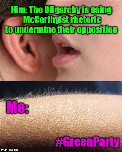 Don't stop, you're making me horny | Him: The Oligarchy is using McCarthyist rhetoric to undermine their opposition; Me:; #GreenParty | image tagged in whisper goose bumps,oligarchy,green party | made w/ Imgflip meme maker