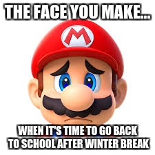 Sad Mario | THE FACE YOU MAKE... WHEN IT'S TIME TO GO BACK TO SCHOOL AFTER WINTER BREAK | image tagged in sad but true | made w/ Imgflip meme maker