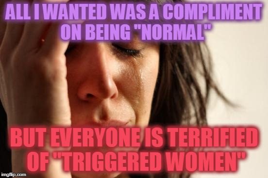 First World Problems Meme | ALL I WANTED WAS A COMPLIMENT ON BEING "NORMAL" BUT EVERYONE IS TERRIFIED OF "TRIGGERED WOMEN" | image tagged in memes,first world problems | made w/ Imgflip meme maker