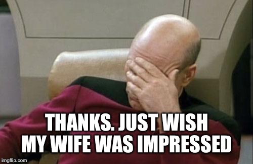 Captain Picard Facepalm Meme | THANKS. JUST WISH MY WIFE WAS IMPRESSED | image tagged in memes,captain picard facepalm | made w/ Imgflip meme maker