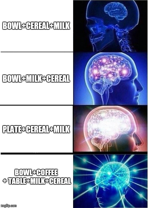 The path to enlightenment pt:1 | BOWL+CEREAL+MILK; BOWL+MILK+CEREAL; PLATE+CEREAL+MILK; BOWL+COFFEE + TABLE+MILK+CEREAL | image tagged in memes,expanding brain | made w/ Imgflip meme maker