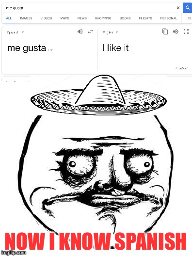 Me gusta | NOW I KNOW SPANISH | image tagged in spanish,me gusta,google,translation,memes | made w/ Imgflip meme maker