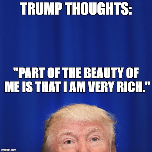 TRUMP THOUGHTS:; "PART OF THE BEAUTY OF ME IS THAT I AM VERY RICH." | image tagged in trump thoughts | made w/ Imgflip meme maker