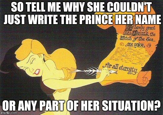 ariel | SO TELL ME WHY SHE COULDN'T JUST WRITE THE PRINCE HER NAME; OR ANY PART OF HER SITUATION? | image tagged in ariel | made w/ Imgflip meme maker