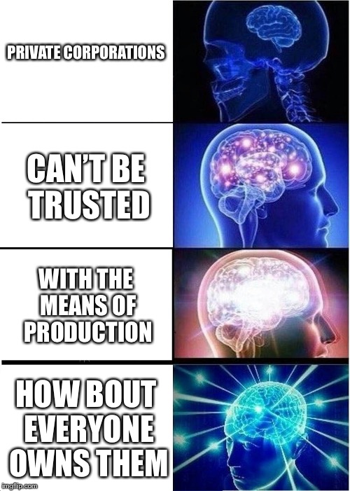 Expanding Brain Meme | PRIVATE CORPORATIONS CAN’T BE TRUSTED WITH THE MEANS OF PRODUCTION HOW BOUT EVERYONE OWNS THEM | image tagged in memes,expanding brain | made w/ Imgflip meme maker