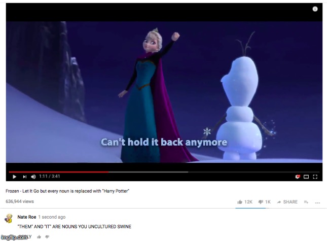 Is "swine" a noun? | image tagged in funny,memes,let it go,elsa,youtube,frozen | made w/ Imgflip meme maker