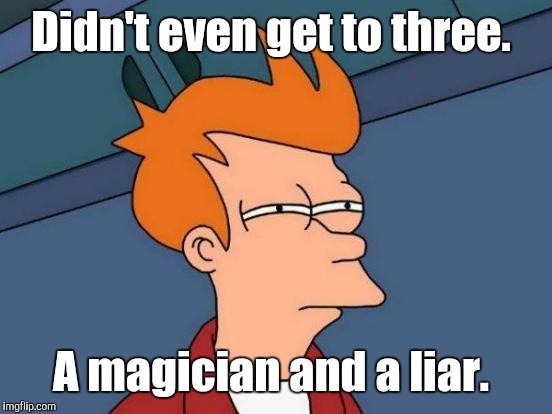 Futurama Fry Meme | Didn't even get to three. A magician and a liar. | image tagged in memes,futurama fry | made w/ Imgflip meme maker