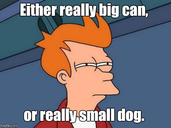 Futurama Fry Meme | Either really big can, or really small dog. | image tagged in memes,futurama fry | made w/ Imgflip meme maker