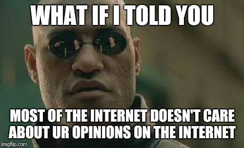 Matrix Morpheus | WHAT IF I TOLD YOU; MOST OF THE INTERNET DOESN'T CARE ABOUT UR OPINIONS ON THE INTERNET | image tagged in memes,matrix morpheus | made w/ Imgflip meme maker
