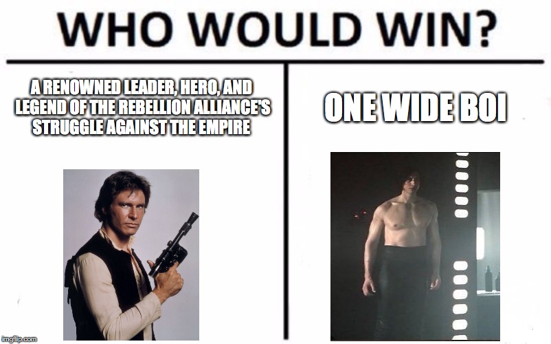 Who Would Win? Meme | A RENOWNED LEADER, HERO, AND LEGEND OF THE REBELLION ALLIANCE'S STRUGGLE AGAINST THE EMPIRE; ONE WIDE BOI | image tagged in memes,who would win | made w/ Imgflip meme maker