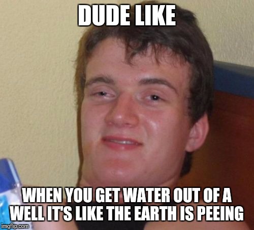 10 Guy Meme | DUDE LIKE; WHEN YOU GET WATER OUT OF A WELL IT'S LIKE THE EARTH IS PEEING | image tagged in memes,10 guy | made w/ Imgflip meme maker