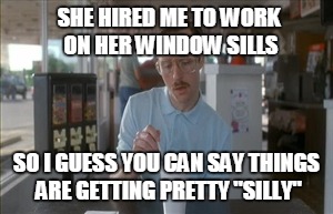 Funny Frames and Giddy Glass | SHE HIRED ME TO WORK ON HER WINDOW SILLS; SO I GUESS YOU CAN SAY THINGS ARE GETTING PRETTY "SILLY" | image tagged in memes,so i guess you can say things are getting pretty serious | made w/ Imgflip meme maker
