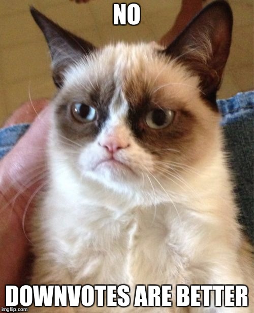 Grumpy Cat Meme | NO DOWNVOTES ARE BETTER | image tagged in memes,grumpy cat | made w/ Imgflip meme maker
