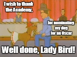 I wish to thank the Academy, for nominating my dog for an Oscar; Well done, Lady Bird! | image tagged in lady bird,hank hill,the oscars | made w/ Imgflip meme maker