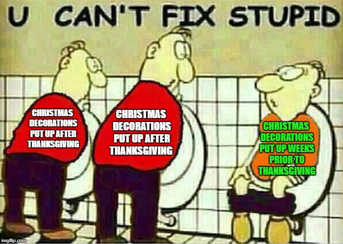 U Can't Fix Stupid | CHRISTMAS DECORATIONS PUT UP AFTER THANKSGIVING; CHRISTMAS DECORATIONS PUT UP AFTER THANKSGIVING; CHRISTMAS DECORATIONS PUT UP WEEKS PRIOR TO THANKSGIVING | image tagged in u can't fix stupid,you can't fix stupid,christmas memes,thanksgiving,christmas decorations,memes | made w/ Imgflip meme maker