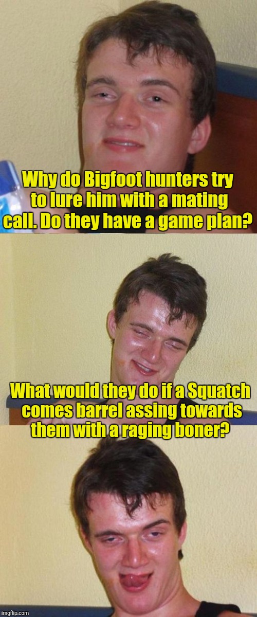 Bad Pun 10 Guy | Why do Bigfoot hunters try to lure him with a mating call. Do they have a game plan? What would they do if a Squatch comes barrel assing towards them with a raging boner? | image tagged in bad pun 10 guy | made w/ Imgflip meme maker