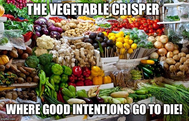 vegetables | THE VEGETABLE CRISPER; WHERE GOOD INTENTIONS
GO TO DIE! | image tagged in vegetables | made w/ Imgflip meme maker