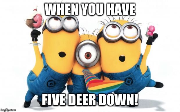 Minion party despicable me | WHEN YOU HAVE; FIVE DEER DOWN! | image tagged in minion party despicable me | made w/ Imgflip meme maker
