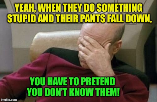 Captain Picard Facepalm Meme | YEAH, WHEN THEY DO SOMETHING STUPID AND THEIR PANTS FALL DOWN, YOU HAVE TO PRETEND YOU DON’T KNOW THEM! | image tagged in memes,captain picard facepalm | made w/ Imgflip meme maker