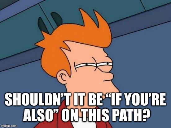 Futurama Fry Meme | SHOULDN’T IT BE “IF YOU’RE ALSO” ON THIS PATH? | image tagged in memes,futurama fry | made w/ Imgflip meme maker
