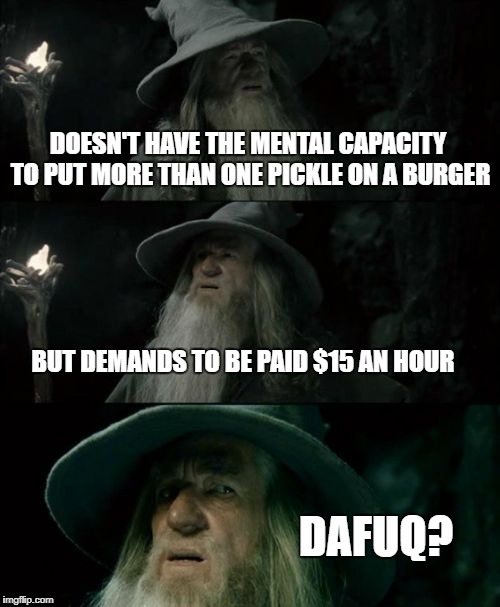 Confused Gandalf Meme | DOESN'T HAVE THE MENTAL CAPACITY TO PUT MORE THAN ONE PICKLE ON A BURGER; BUT DEMANDS TO BE PAID $15 AN HOUR; DAFUQ? | image tagged in memes,confused gandalf | made w/ Imgflip meme maker