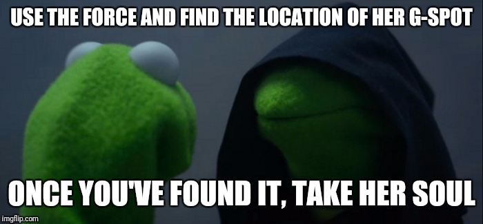 Evil Kermit | USE THE FORCE AND FIND THE LOCATION OF HER G-SPOT; ONCE YOU'VE FOUND IT, TAKE HER SOUL | image tagged in memes,evil kermit | made w/ Imgflip meme maker
