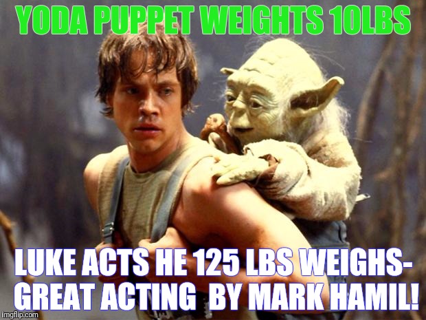 Luke and Yoda |  YODA PUPPET WEIGHTS 10LBS; LUKE ACTS HE 125 LBS WEIGHS- GREAT ACTING  BY MARK HAMIL! | image tagged in luke and yoda | made w/ Imgflip meme maker