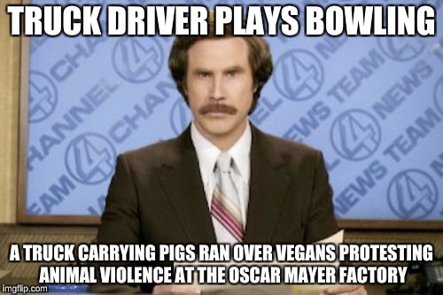 Ron Burgundy Meme | TRUCK DRIVER PLAYS BOWLING; A TRUCK CARRYING PIGS RAN OVER VEGANS PROTESTING ANIMAL VIOLENCE AT THE OSCAR MAYER FACTORY | image tagged in memes,ron burgundy | made w/ Imgflip meme maker